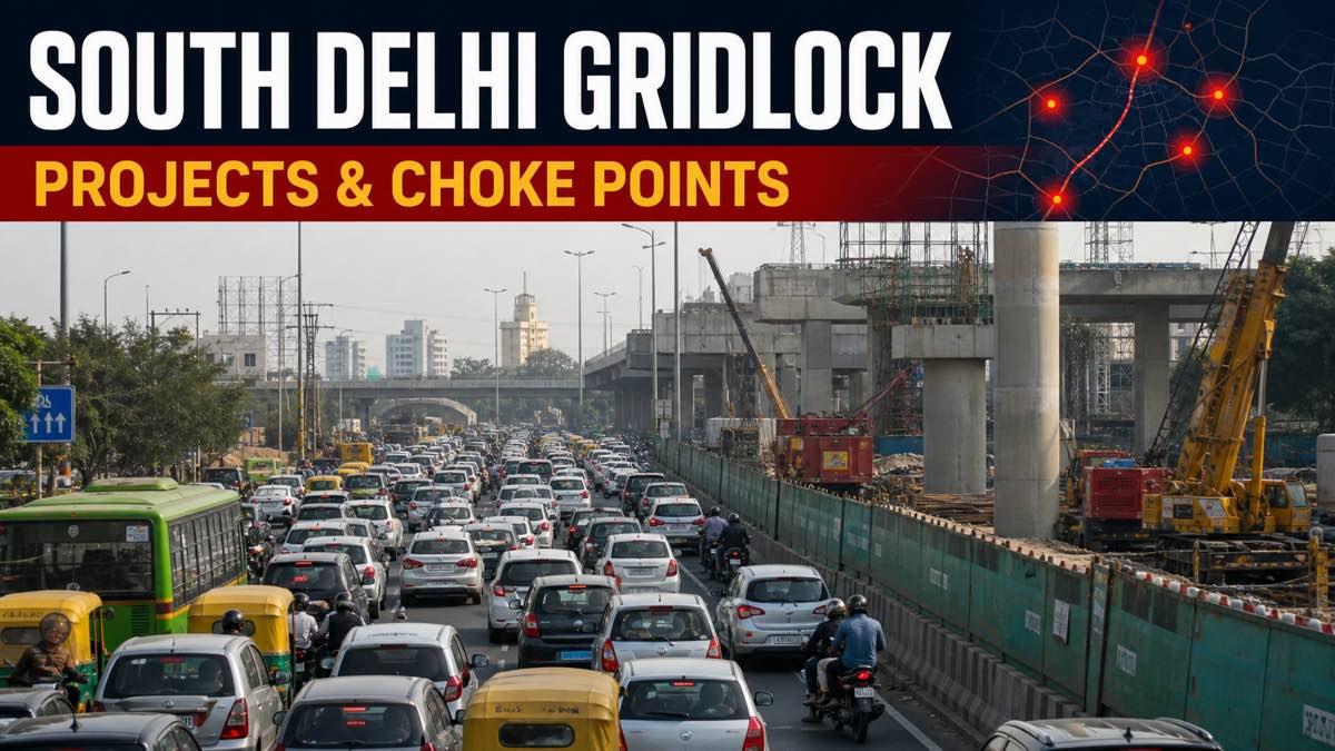 Heavy South Delhi traffic beside construction barricades with a map marking major choke points