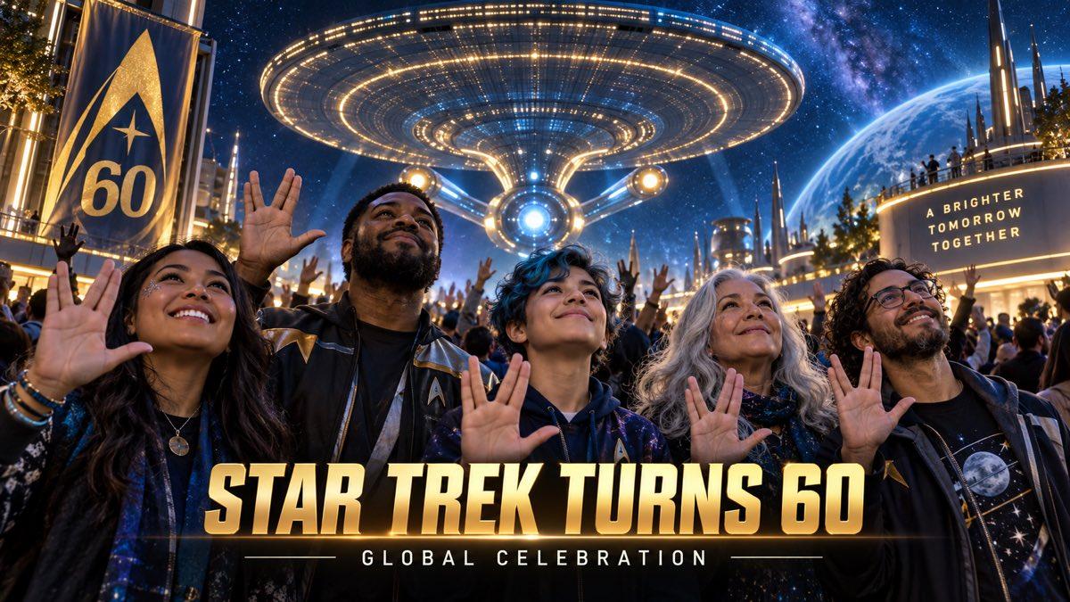 Science-fiction fans performing a Vulcan salute beneath a star-filled anniversary display