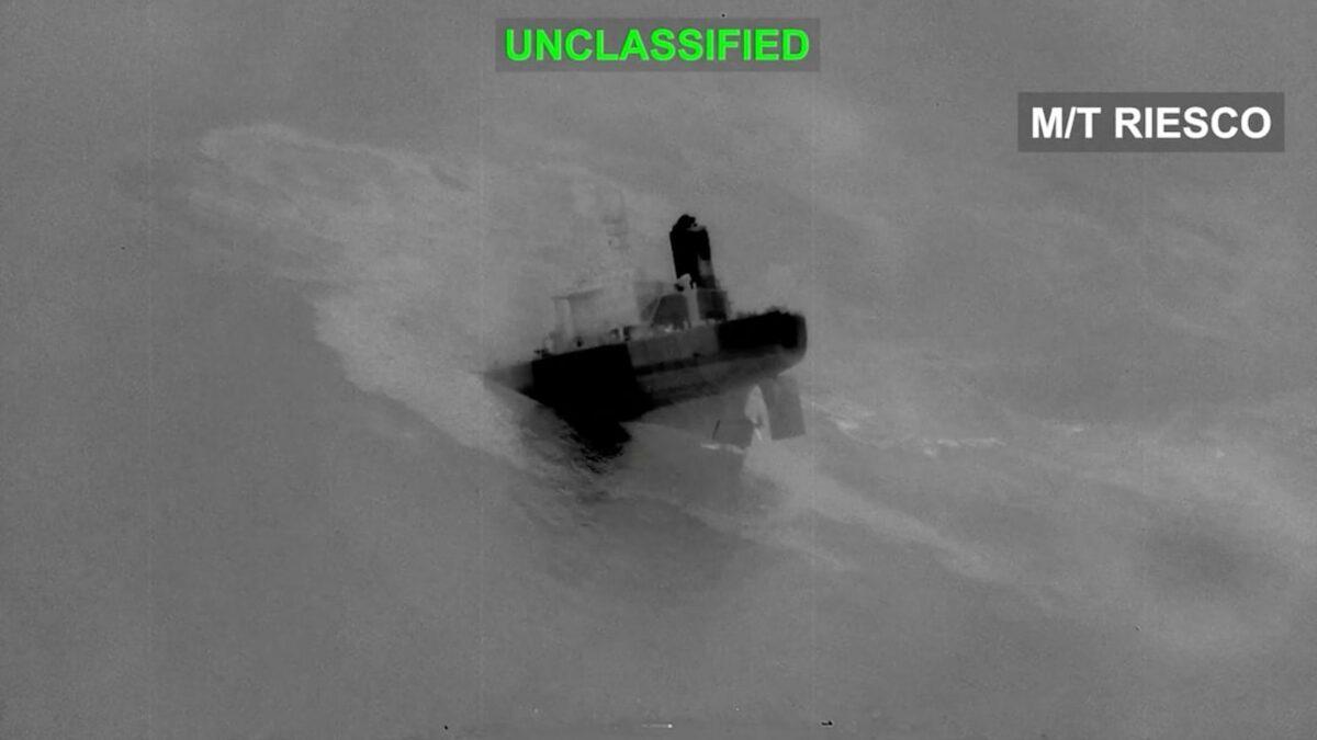 Infrared military image of the tanker M/T Riesco at sea after a reported strike