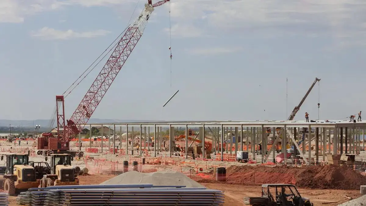 Steel frame of a large AI data centre under construction in Texas