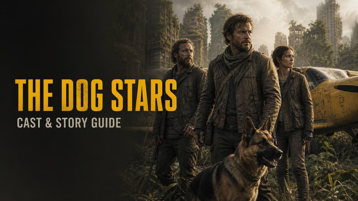 Two survivors beside a small aircraft and a dog in a remote post-apocalyptic landscape