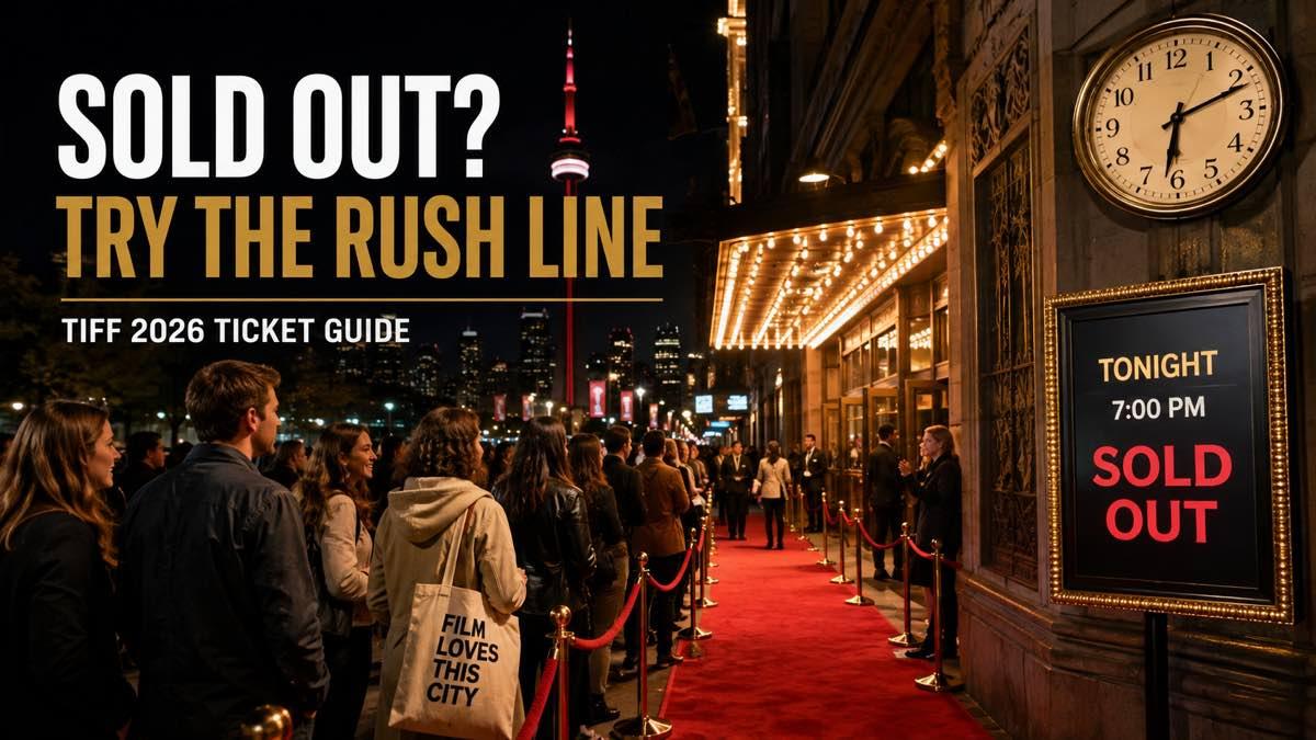 Movie fans waiting in an orderly rush line outside a Toronto cinema