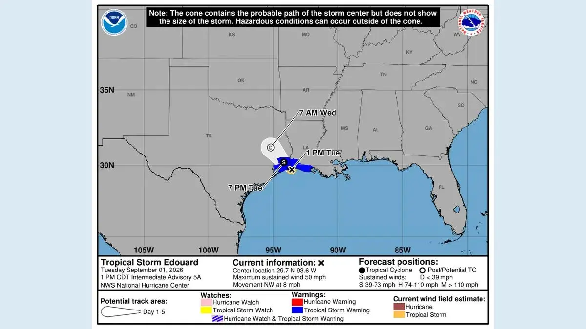 National Hurricane Center forecast cone for Tropical Storm Edouard near Texas and Louisiana