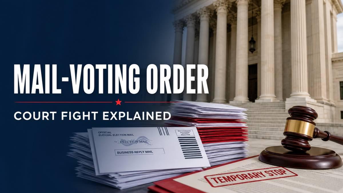 Mail ballots beside a federal courthouse and a red stop order symbol