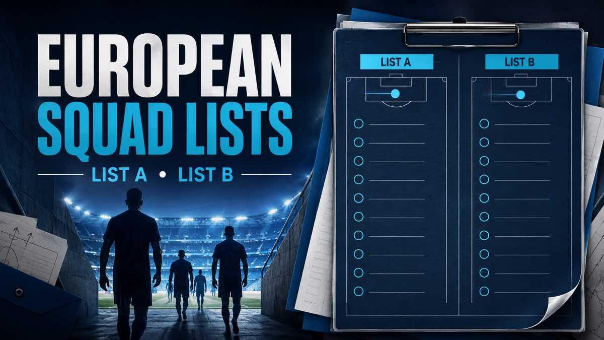 European football squad registration board showing List A and List B