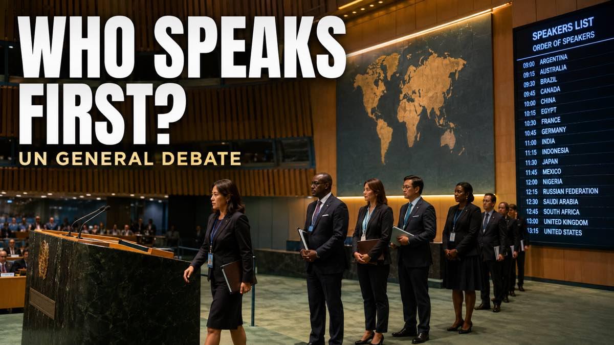 International delegates waiting to speak at a global assembly podium