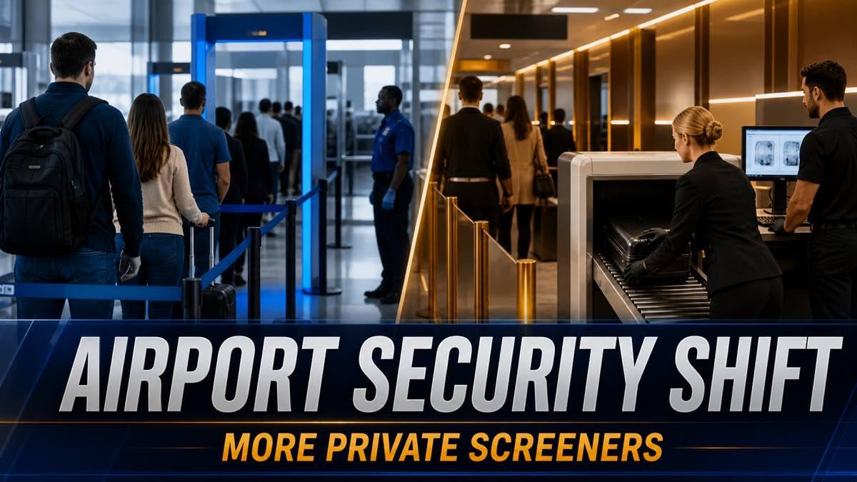 Travelers moving through baggage scanners at a modern airport security checkpoint
