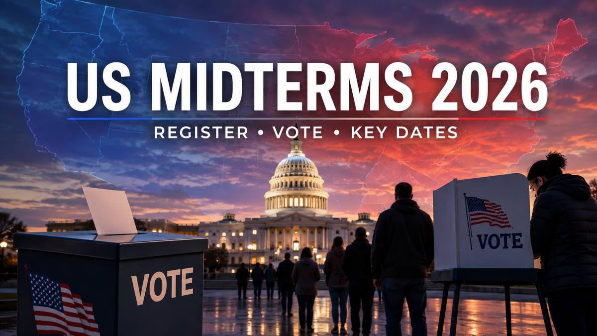 US Capitol, ballot box and voters in a neutral 2026 midterm election graphic