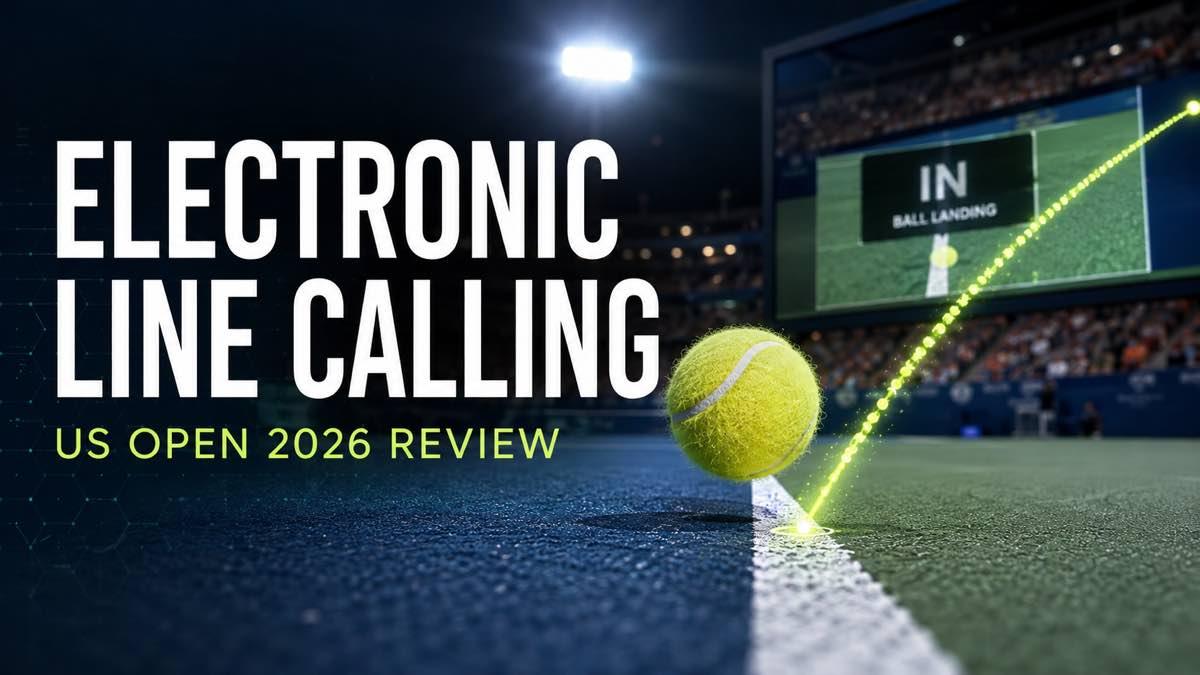 Tennis ball landing near a court line with electronic tracking graphic