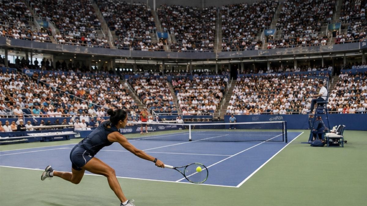 US Open tennis quarterfinal on a packed New York hard court