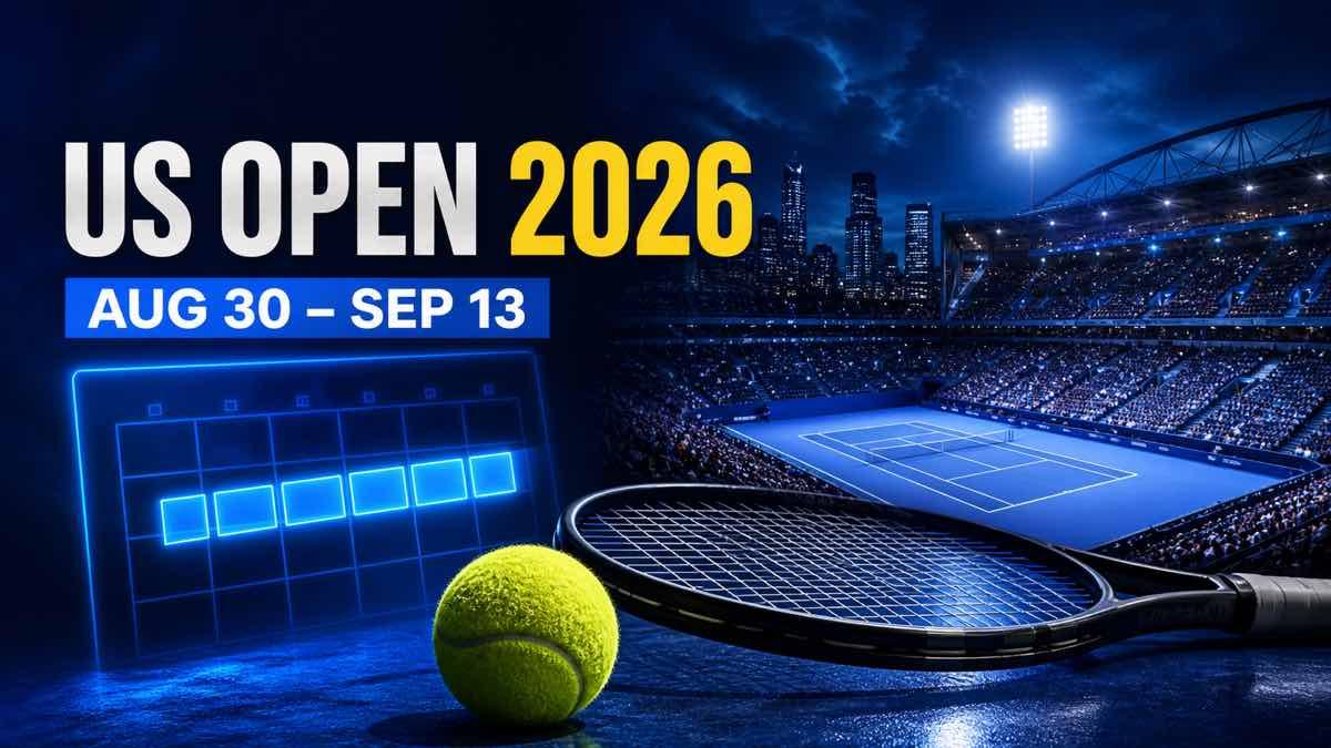 New York tennis stadium at night with US Open 2026 schedule dates