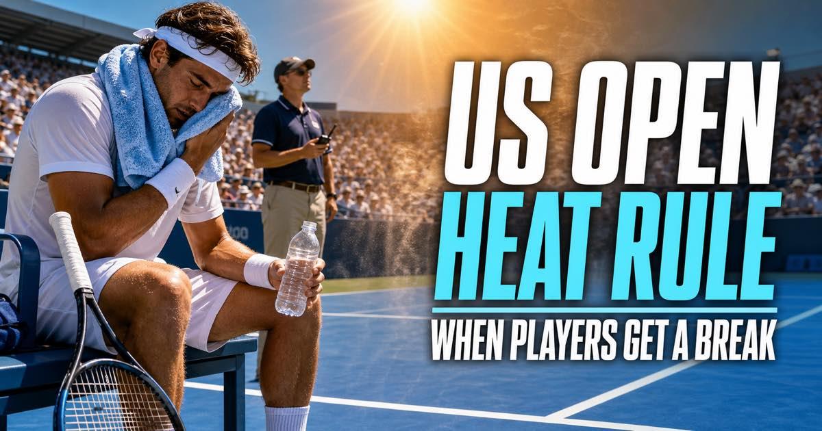 Tennis player cooling down with ice and water beside a sunlit US Open-style hard court