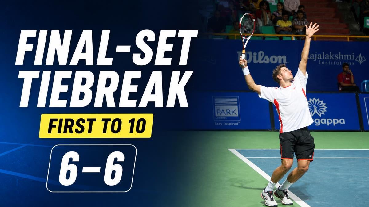 Professional tennis player serving beside a final-set tiebreak score graphic