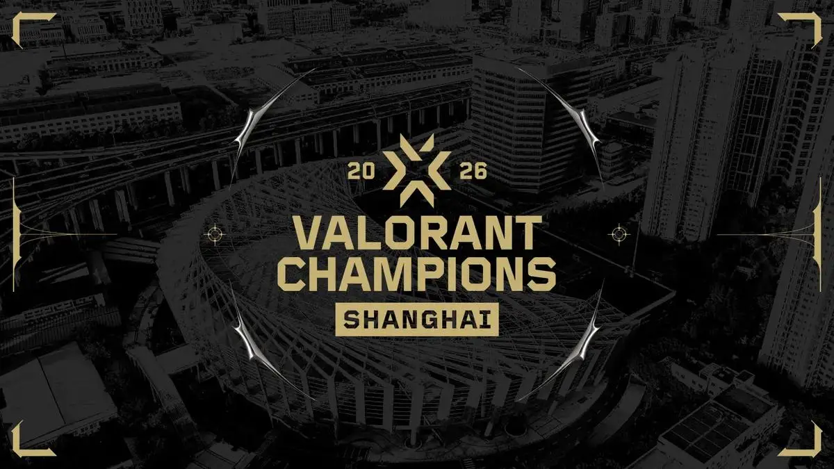 Official VALORANT Champions Shanghai 2026 event artwork showing the Shanghai skyline