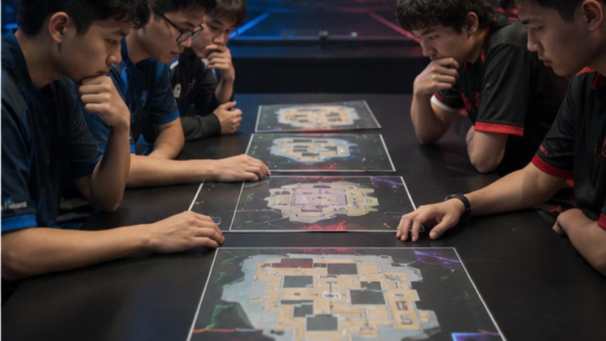 Two esports teams studying tactical maps during a veto
