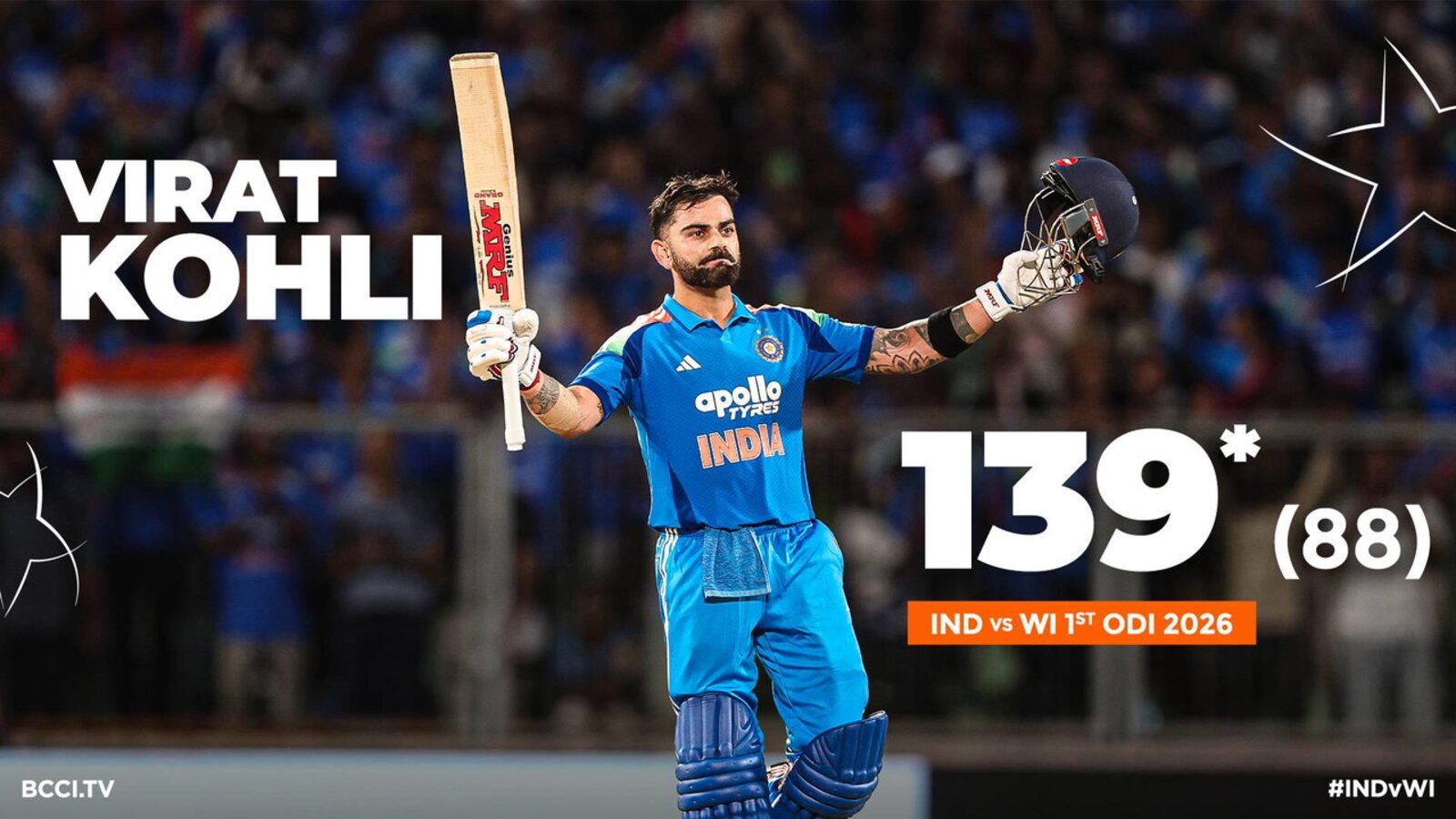 Virat Kohli batting during his unbeaten 139 for India against West Indies in the first ODI