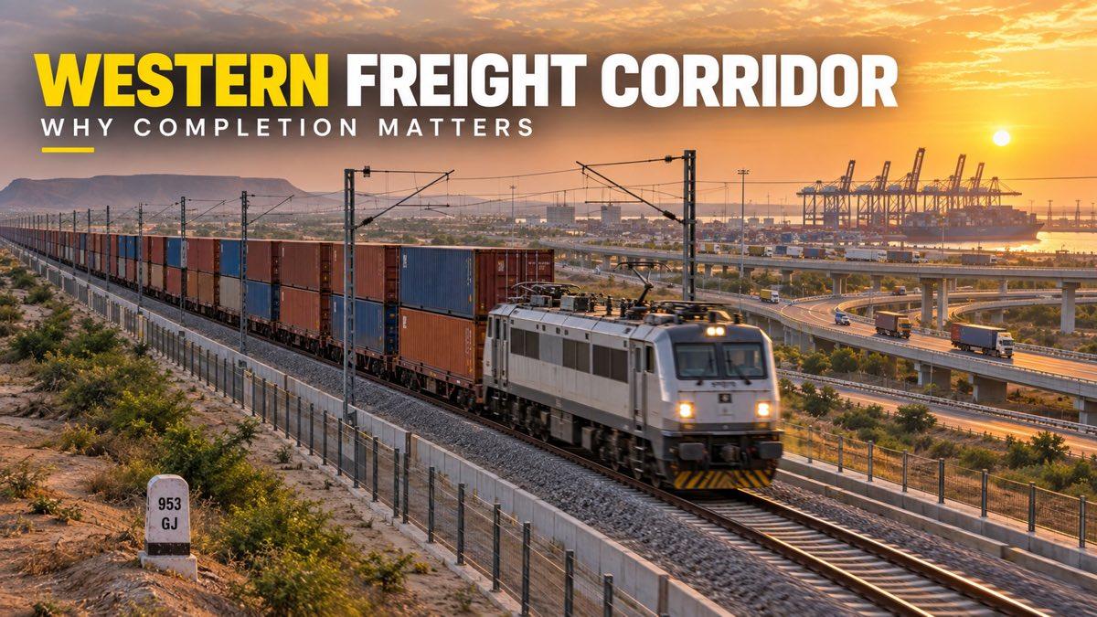 Long freight train travelling on an electrified dedicated rail corridor through Gujarat