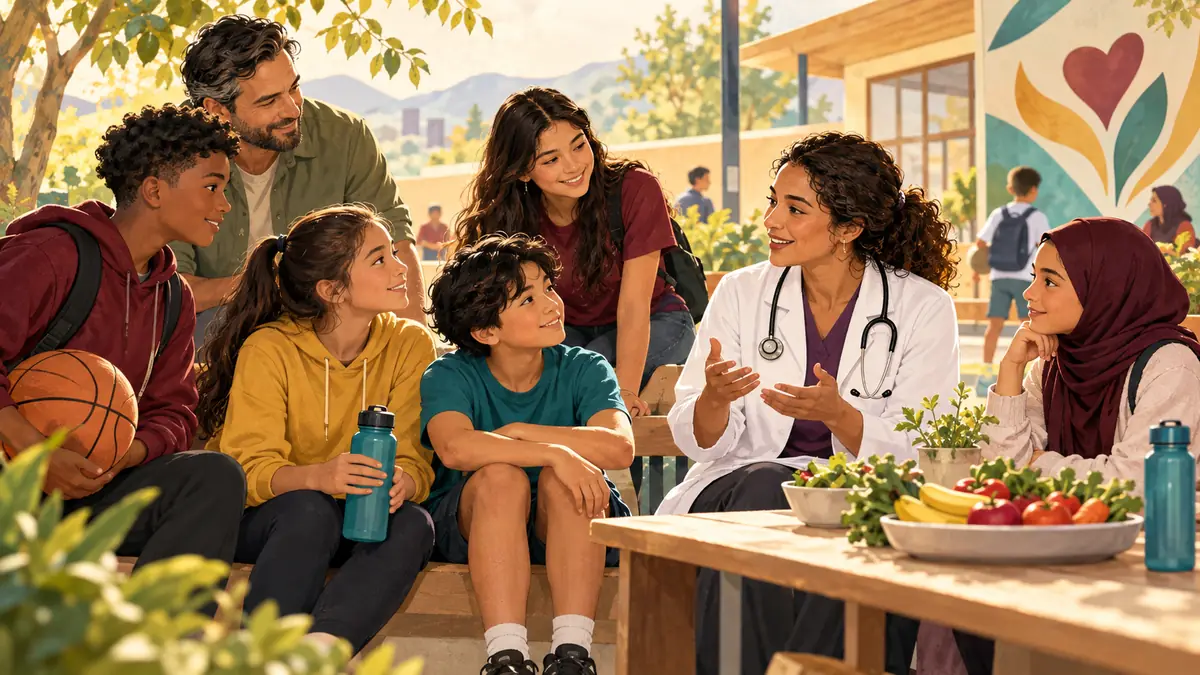 Children and teenagers discussing healthy routines with a parent and healthcare professional outdoors