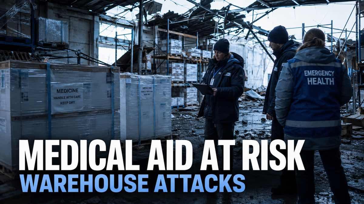 Damaged humanitarian medical warehouse with emergency supplies in Ukraine