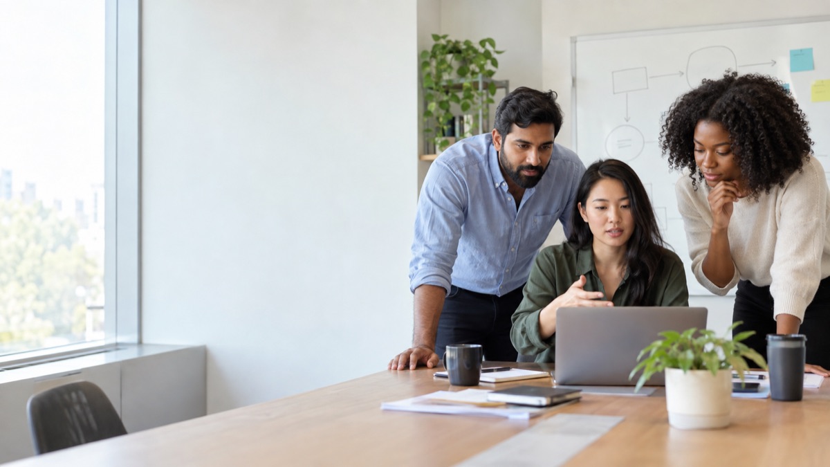 Three colleagues reviewing an AI project workflow in an office