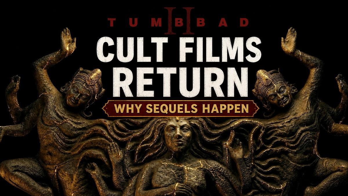 Indian cult-film characters arranged beside a sequel comeback headline