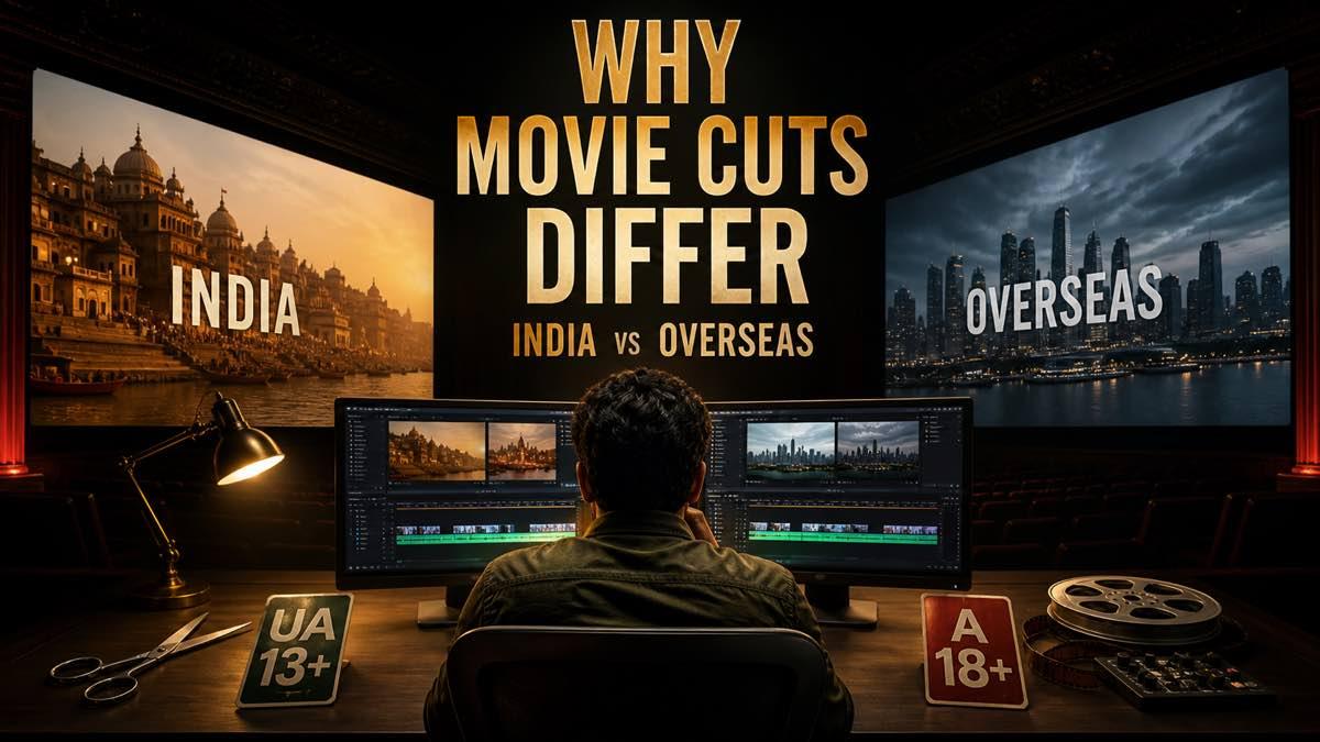 Film editing timeline connecting Indian and international cinema screens