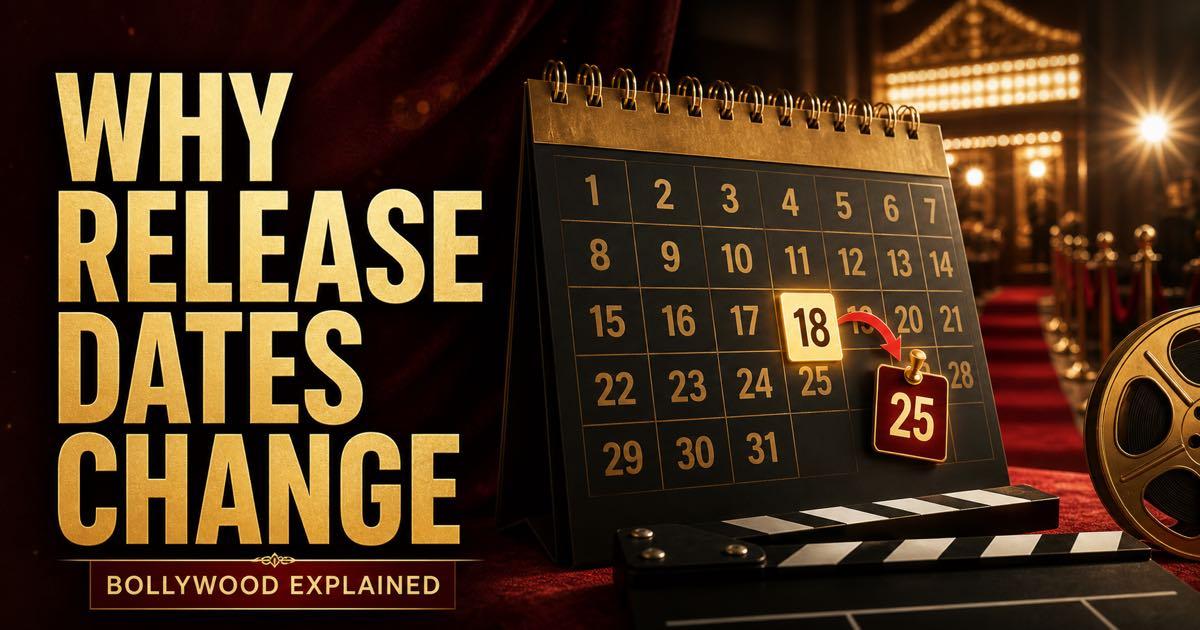 A cinema calendar and film clapperboard illustrating a Bollywood release date change