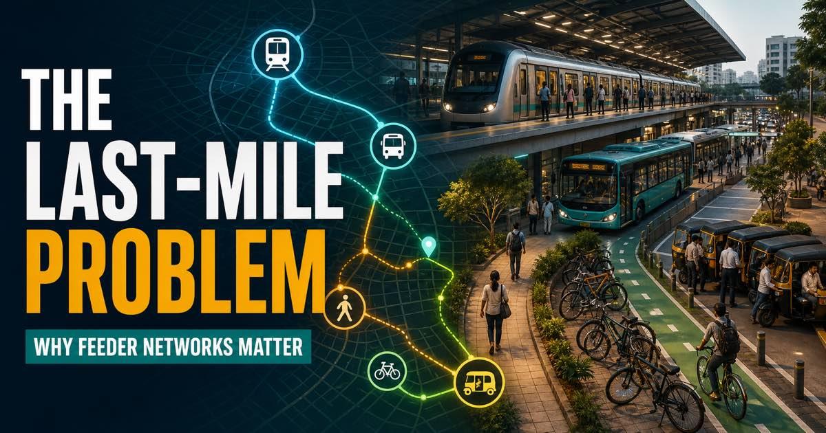 Feeder buses bicycles and walking routes connecting to an Indian metro station