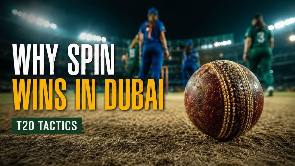 Cricket ball gripping a dry Dubai pitch under stadium lights