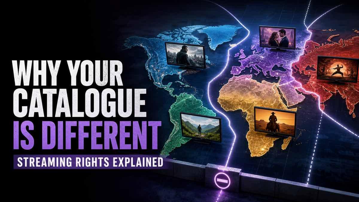 World map divided into streaming territories with different film and television catalogues