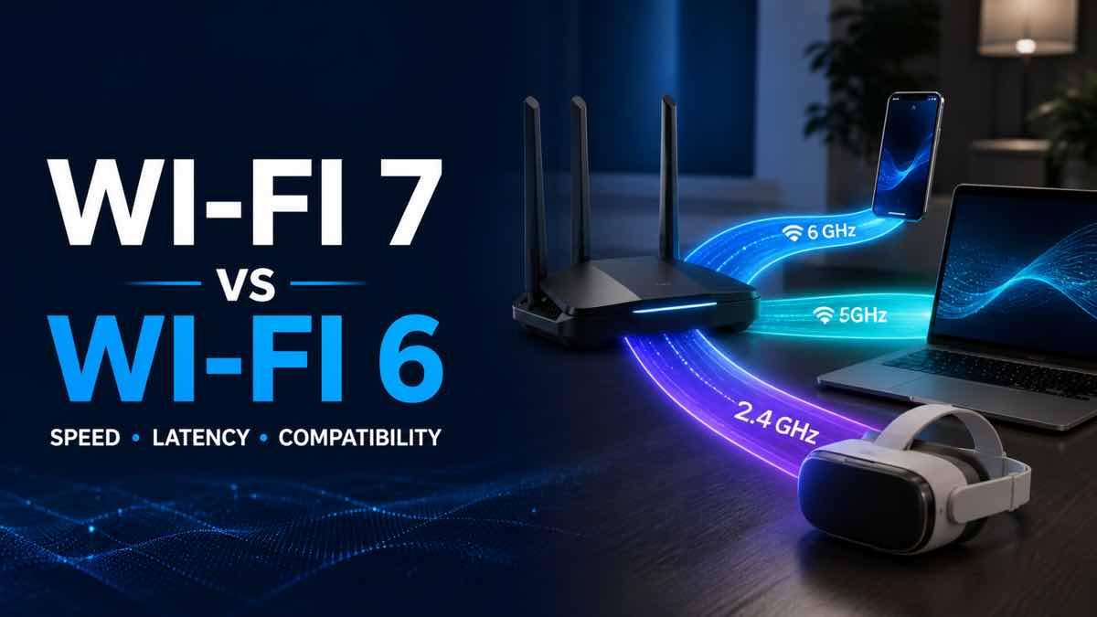 Wi-Fi 7 router linking several devices across 2.4 GHz, 5 GHz and 6 GHz bands