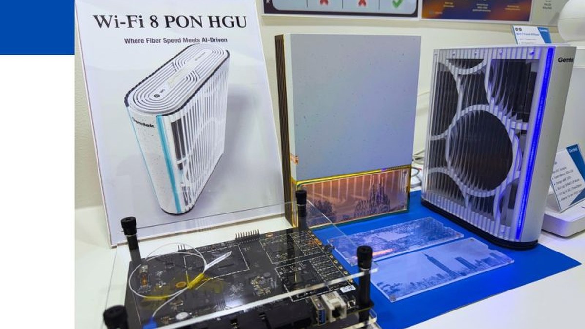 White Wi-Fi 8 broadband gateway displayed as a living-room device