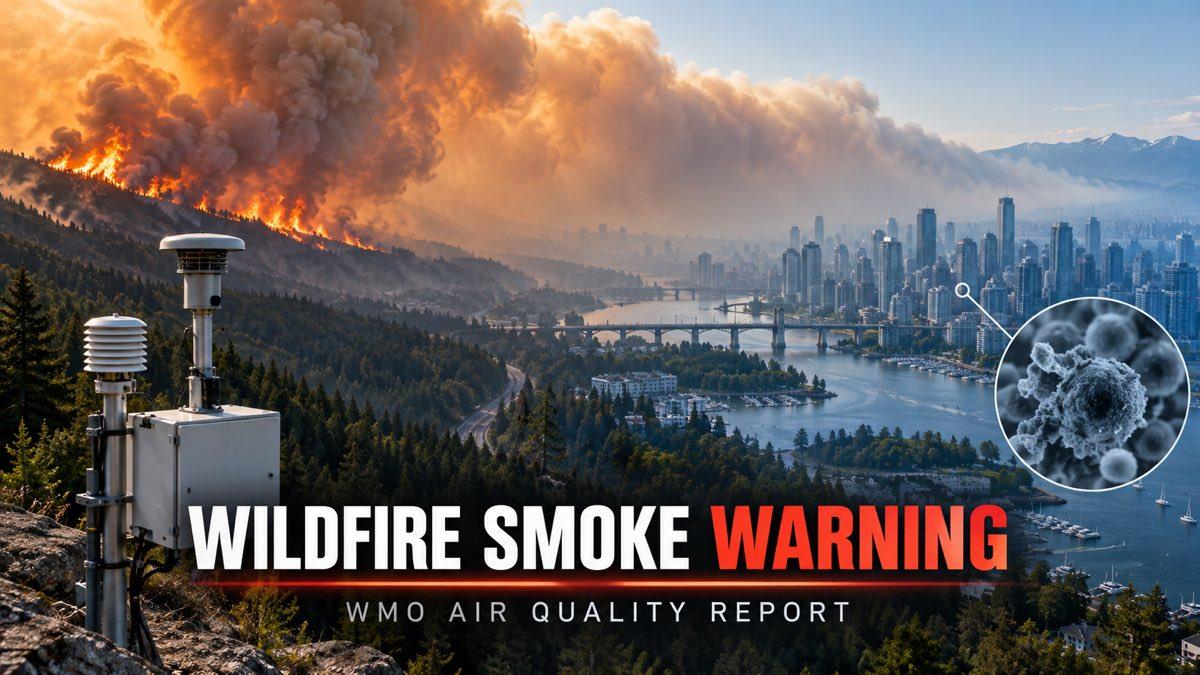 Wildfire smoke moving over a city while air-quality monitors show hazardous fine particles