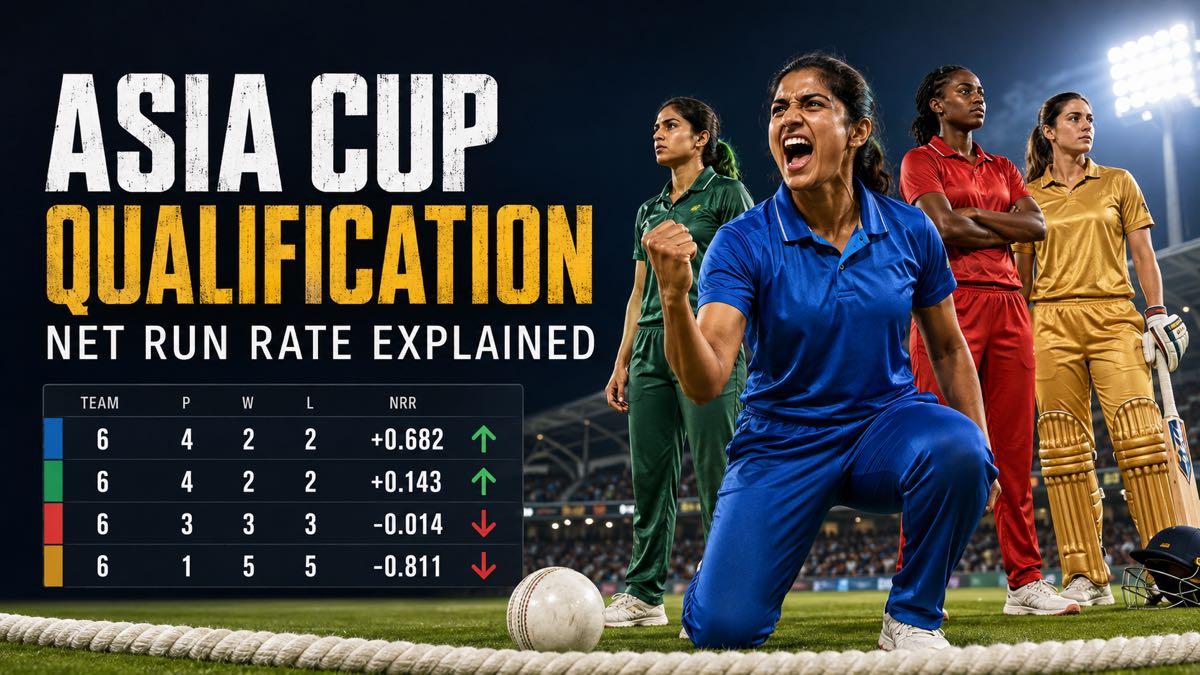 Women's Asia Cup teams and a net run rate calculation graphic