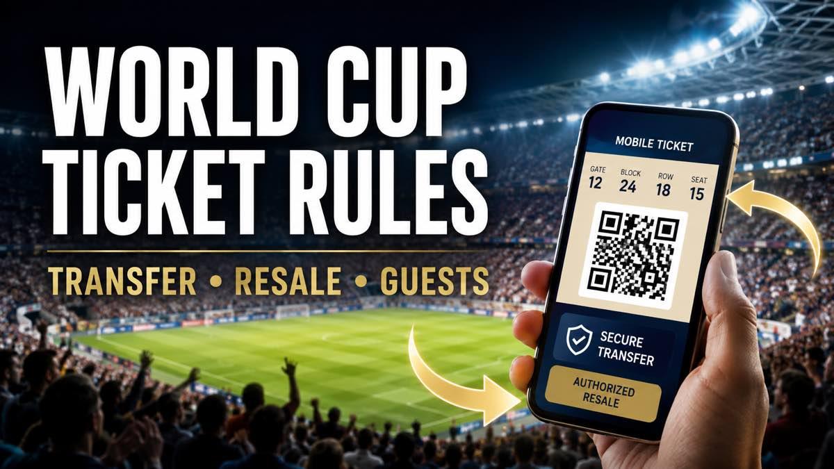 Football match ticket displayed outside a packed international stadium