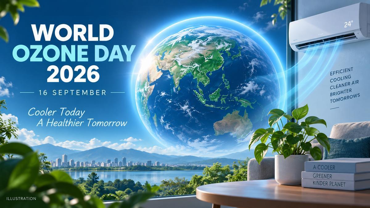 Illustration of Earth, its atmospheric halo and household cooling for World Ozone Day