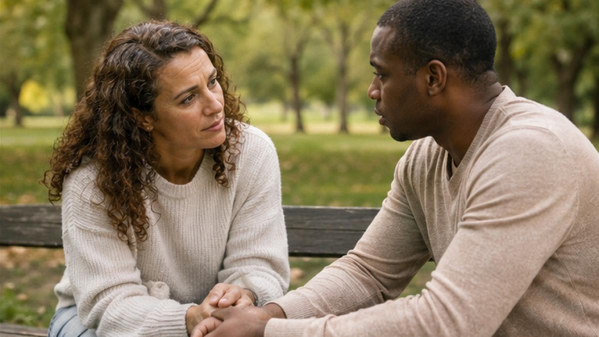 Two people having a supportive mental health conversation in a park