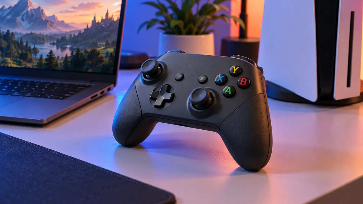 Compact wireless game controller beside a handheld gaming device